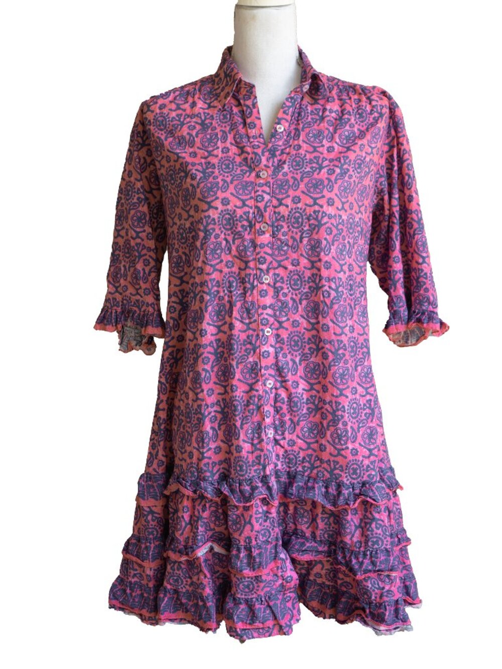 BELLA TU Pink Block Print Dress Tiered Pink Amanda Indian Cotton Mini Dress